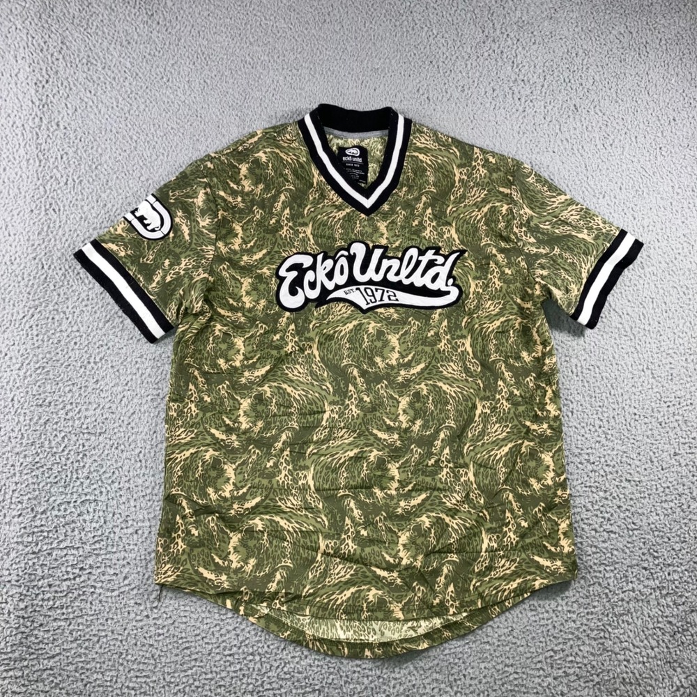 Ecko Unltd Jersey Shirt Men XL Green Camo Tiger Stripe V-Neck Y2K Gorpcore Vtg‎